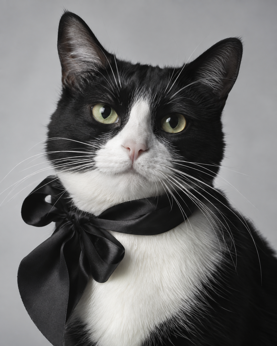 Black and white cat wearing a loose black silk ribbon against a cool grey studio backdrop