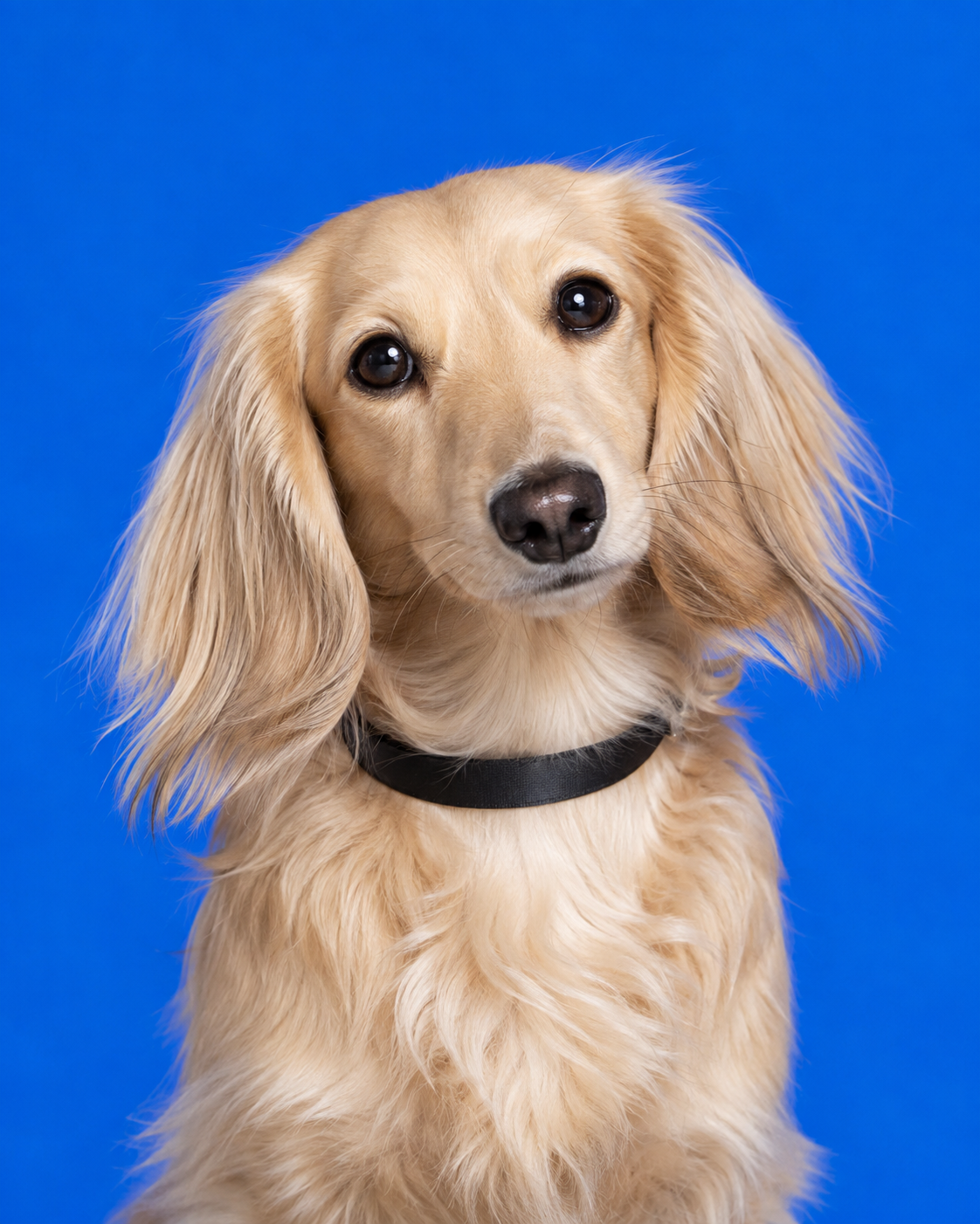 Cream long-haired dachshund wearing a black satin collar against a bright cobalt blue background